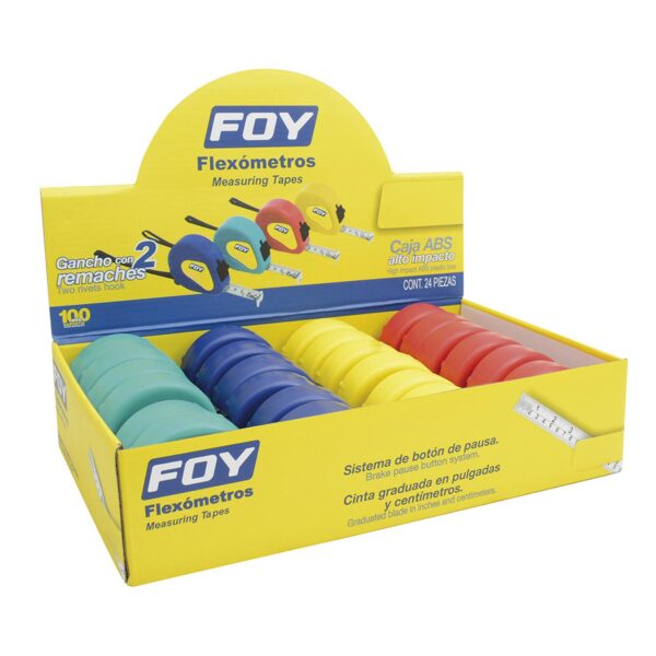 142132 Flexometros con carcasa de plastico colores en display 5 m x 3/4", 12 piezas Foy