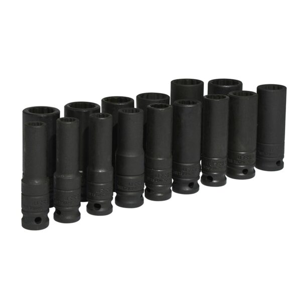 74203 Juego de dados largos de impacto cuadro de 1/2", 12 puntas, metricos, 15 piezas Urrea