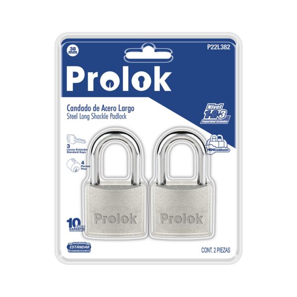 P22L382 Juego de candados de acero largos 38 mm, llave estandar, 2 piezas Prolok
