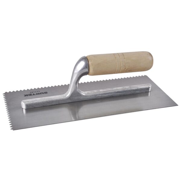123181 Llana dentada triangular de acero al alto carbon con mango de madera 11" x 5" Surtek