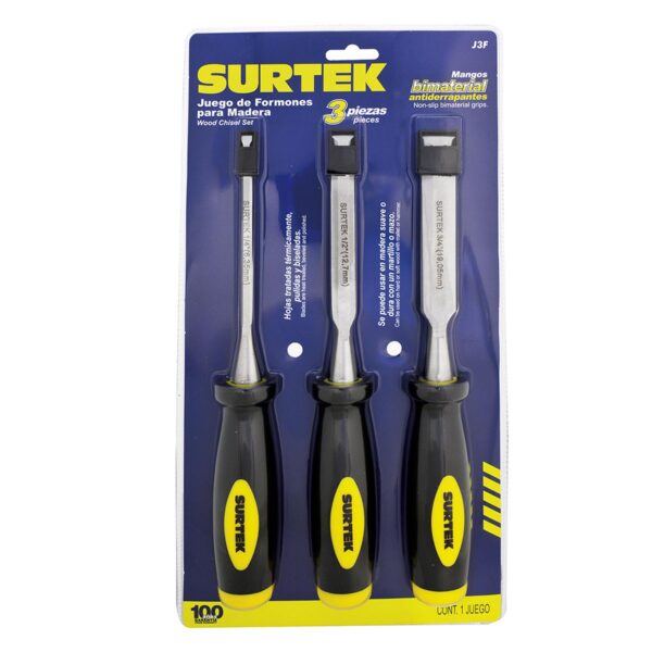 J3F Juego de formones para madera con mango bimaterial 1/4", 1/2" y 3/4", 3 piezas Surtek
