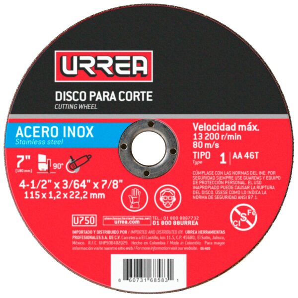 U750 Disco abrasivo tipo 1 para acero inoxidable 4-1/2" x 3/64" Urrea