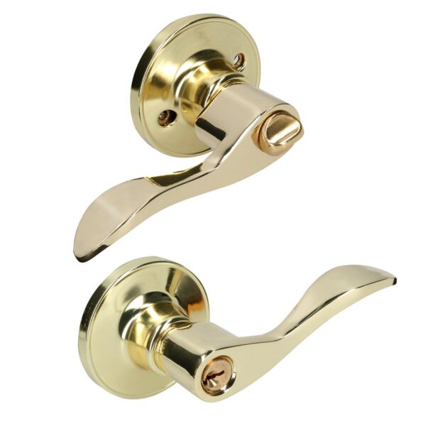 18MA Manija tubular curva funcion entrada y recamara, laton brillante, llave estandar, blister Lock