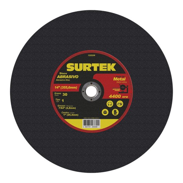 123339 Disco abrasivo tipo 1 para metal 14" x 7/64" para maquina estacionaria Surtek