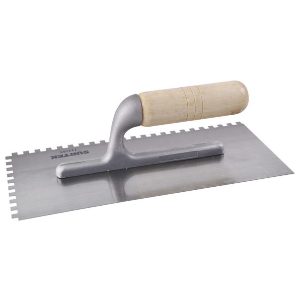 123185 Llana dentada cuadrada de acero al alto carbon con mango de madera 11" x 5" Surtek