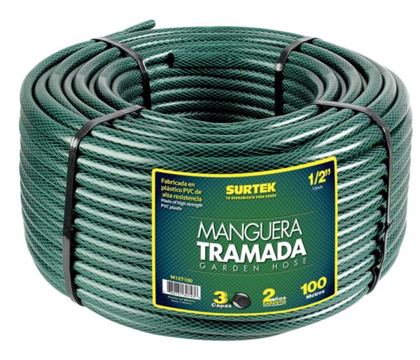 M12T100 Manguera para jardin tramada en rollo verde 1/2", 100 m Surtek