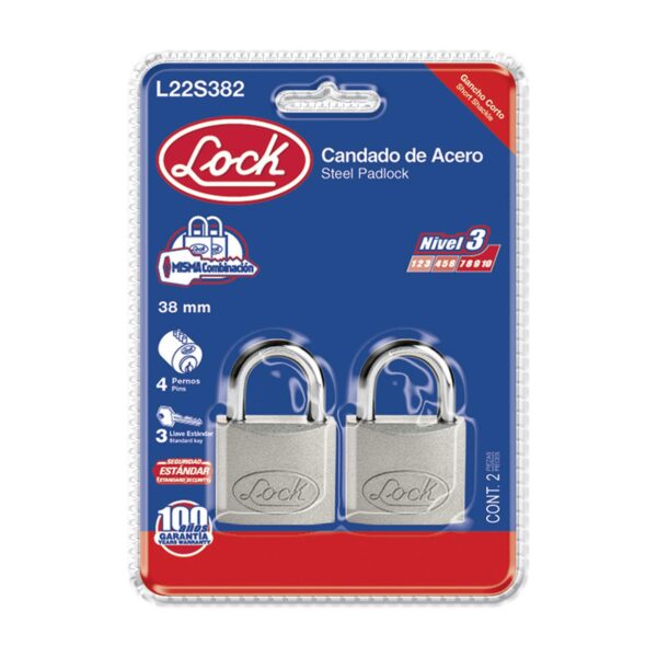 L22S382 Juego de candados de acero cortos 38 mm, llave estandar, 2 piezas Lock