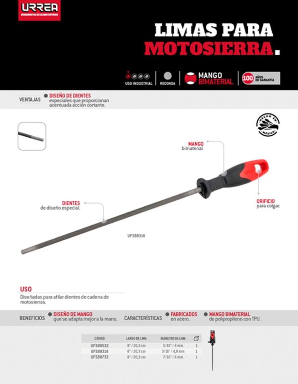 UFSB8316 Lima para motosierra con mango bimaterial 3/16" x 8" Urrea - Image 2