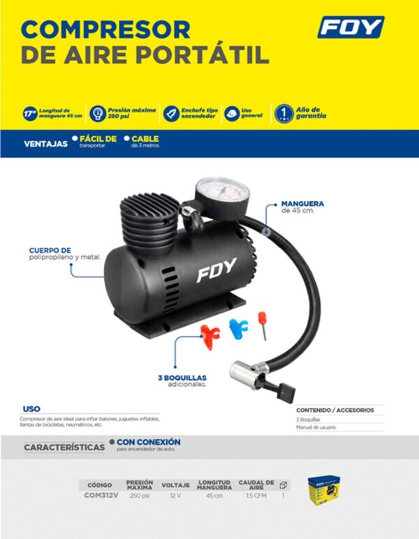 COM312V Compresor de aire 250 PSI 12 V Foy - Image 2