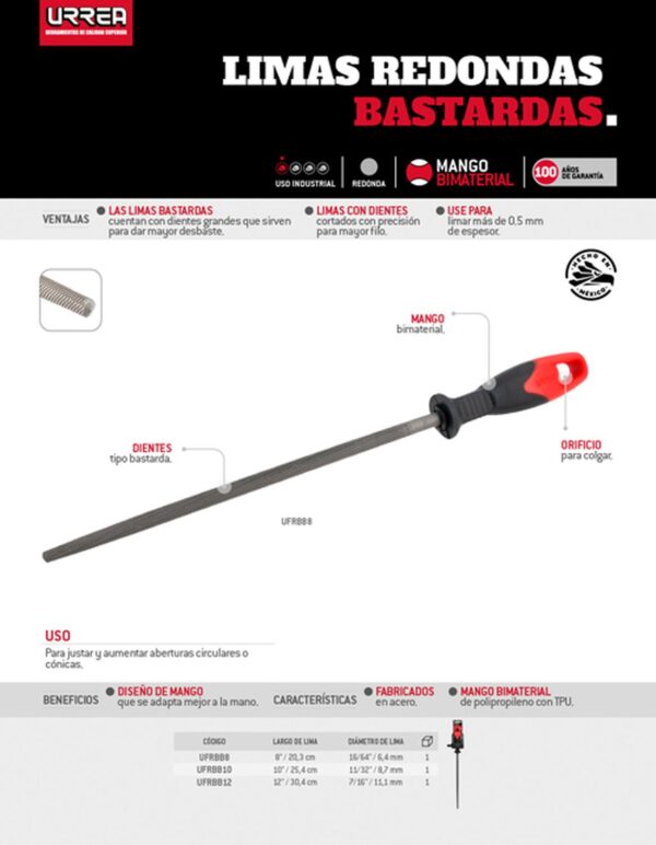UFRBB12 Lima redonda bastarda con mango bimaterial 12" Urrea - Image 2