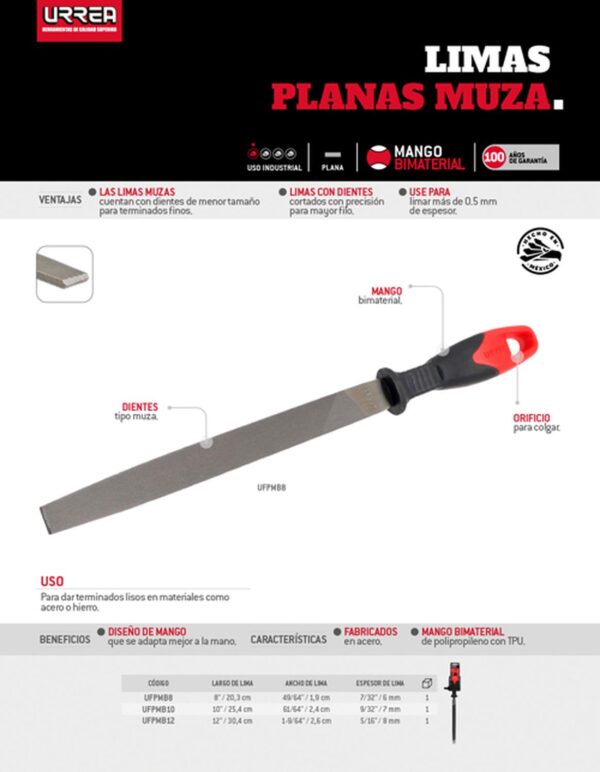 UFPMB10 Lima plana muza con mango bimaterial 10" Urrea - Image 2