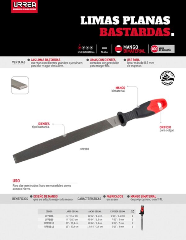 UFPBB6 Lima plana bastarda con mango bimaterial 6" Urrea - Image 2