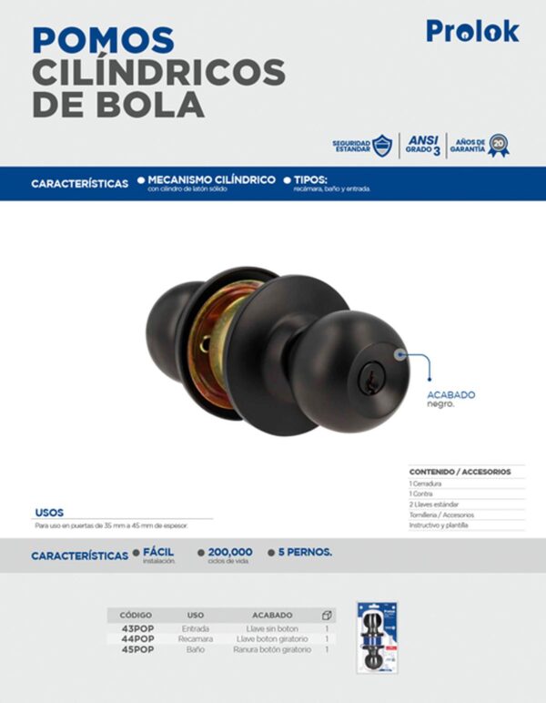43POP Pomo cilíndrico bola función entrada, acero negro, llave estándar Prolok - Image 2