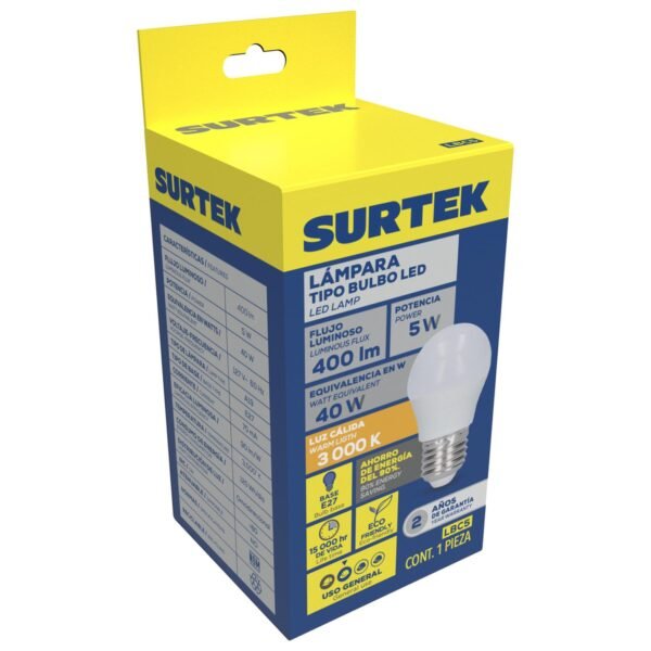 Lampara de LED tipo bulbo A19, 5 W luz calida Surtek