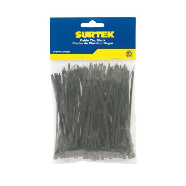 Cinchos plasticos 165 x 2.5 mm, tension 8 kg de 100 piezas, color negro Surtek