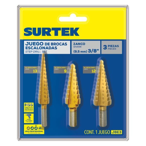 Juego de brocas escalonadas con doble estria de alta velocidad zanco 3 planos, 3 piezas Surtek