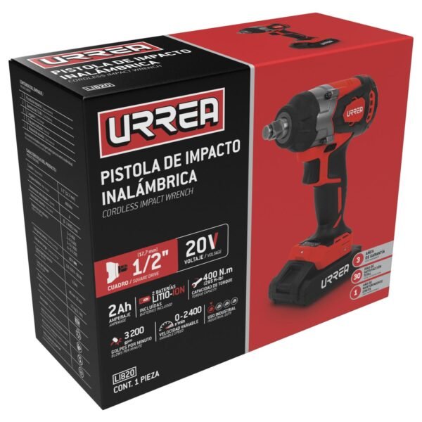 68808851 Pistola de impacto 1/2" a bateria Litio-ion 20 V 400 Nm Urrea