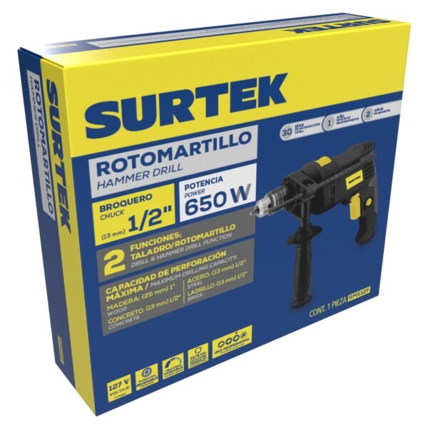 Rotomartillo 1/2" 650 W 127 V, 0 - 3,000 RPM con boton de traba para trabajos continuos Surtek