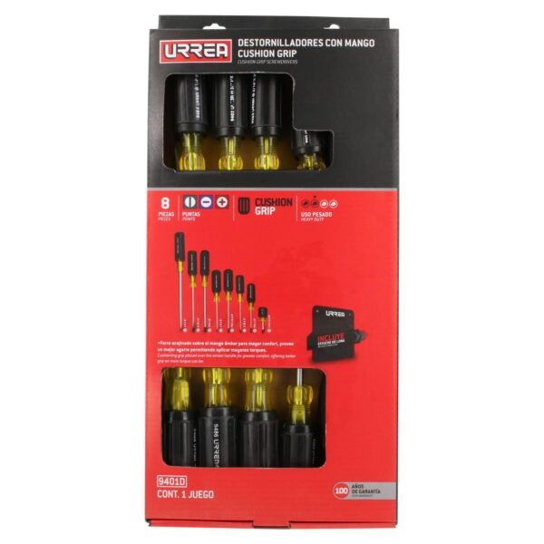 Juego de destornilladores con mango cushion grip, combinados, 8 piezas en caja de carton Urrea