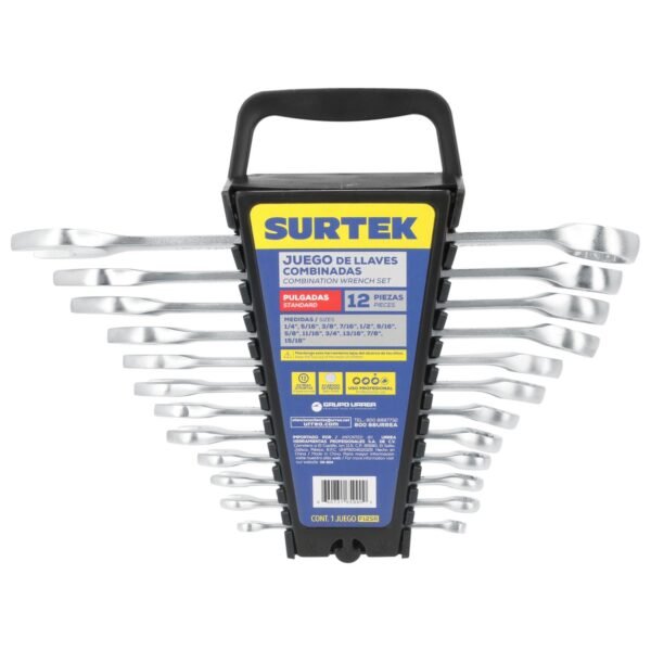Juego de llaves combinadas satinadas en pulgadas, 12 puntas, 12 piezas en rack Surtek