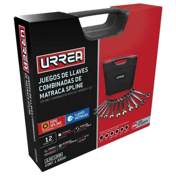 Juego de llaves combinadas pulido espejo de matraca spline rev met, 12 pz en caja plastica Urrea