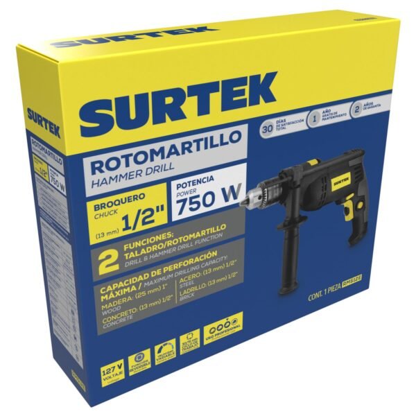 Rotomartillo 1/2" 750 W 127 V, 0 - 3,000 RPM con boton de traba para trabajos continuos Surtek