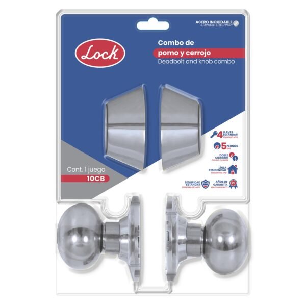 68800168 Combo de pomo tubulares de bola funcion doble, acero inoxidable, llave estandar, blister Lock