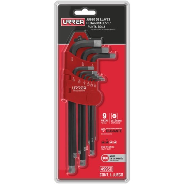 Juego de llaves hexagonales tipo "L" punta de bola diamante, combinadas, 9 piezas Urrea