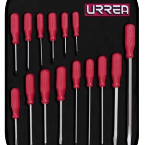 Juego de destornilladores con mango rojo, combinados, 15 piezas en estuche Urrea