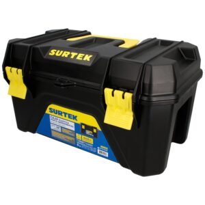 Caja portaherramientas plastica con broches plasticos y charola color negro 19" x 10" Surtek