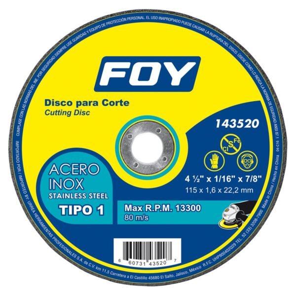 68804592 Disco abrasivo tipo 1 para metal 4-1/2" x 1.6 mm Foy
