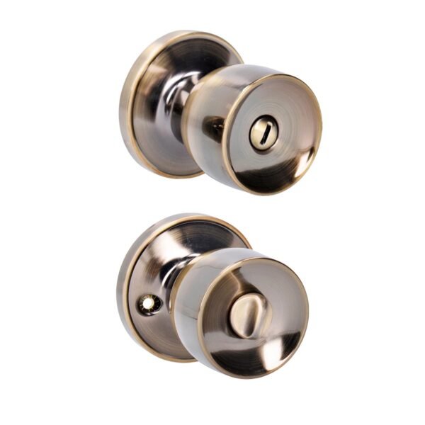 Pomo tubular copa recta funcion baño, laton antiguo, llave estandar, blister Lock