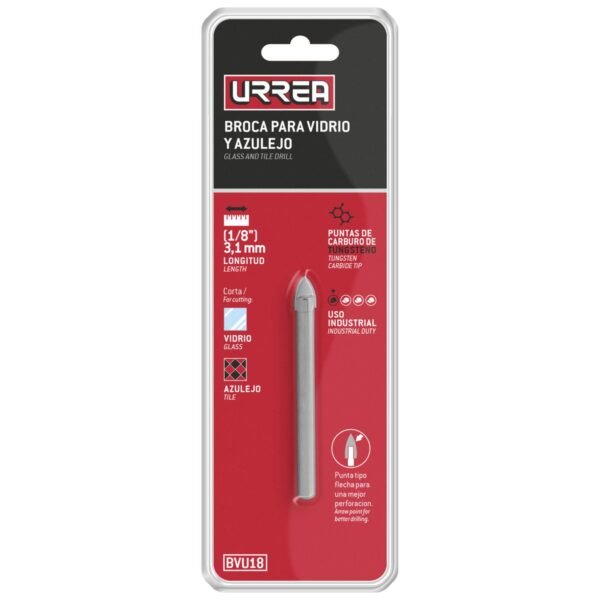 68801002 Broca para vidrios y azulejos de acero con cabeza de carburo de tungsteno 1/8" Urrea