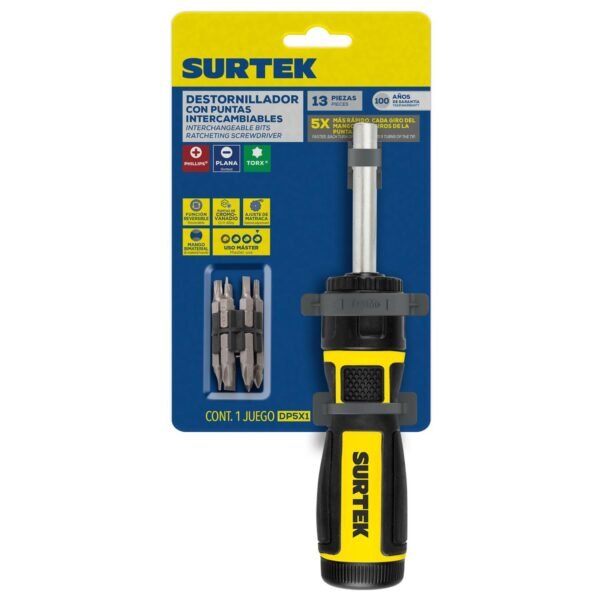 Destornillador con mango bimaterial de matraca reversible 5X con puntas intercambiables 12 en 1 Surt