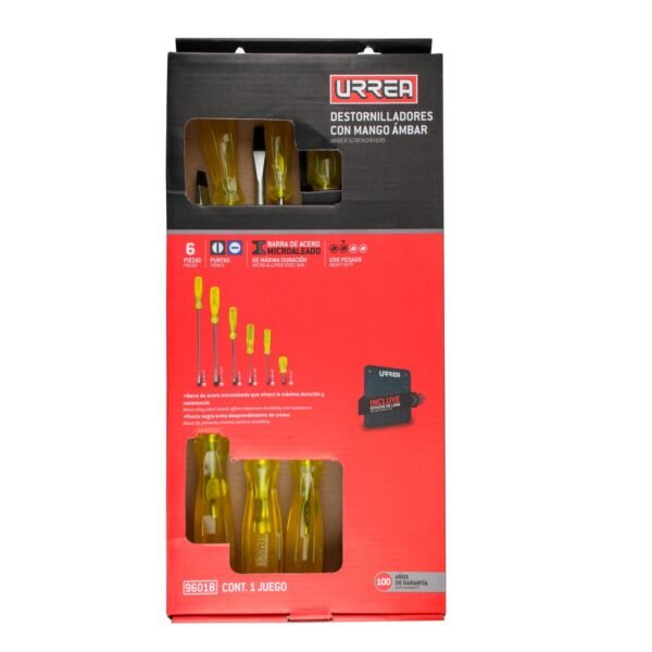 Juego de destornilladores con mango ambar combinados, 6 pie zas en caja de carton Urrea
