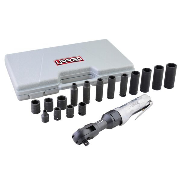 Juego de matraca neumatica y dados cuadro de 3/8" metricos, 17 piezas Urrea