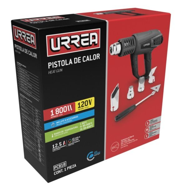 68819908 Pistola de calor contra sobrecalentamiento 1800 W, 50°C a 600°C, 120 V, 6 acc Urrea