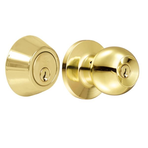 Combo de pomo tubulares de bola funcion sencilla, laton brillante, llave estandar, blister Lock