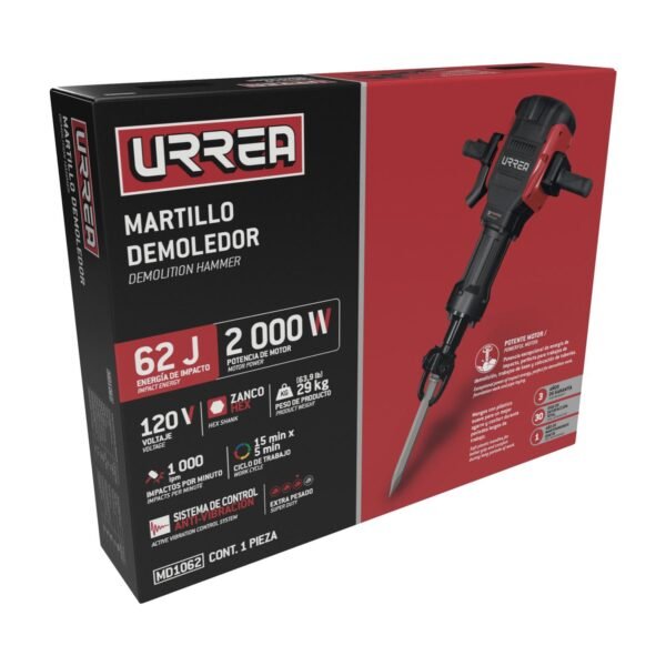 68803632 Martillo demoledor con control antivibracion, zanco hexagonal 2000W, 120V, 62J, 1000 IPM Urrea