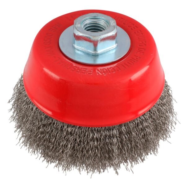 Carda copa ondulada alambre delgado de acero inoxidable 5" x 0.30 mm con rosca M14 Urrea