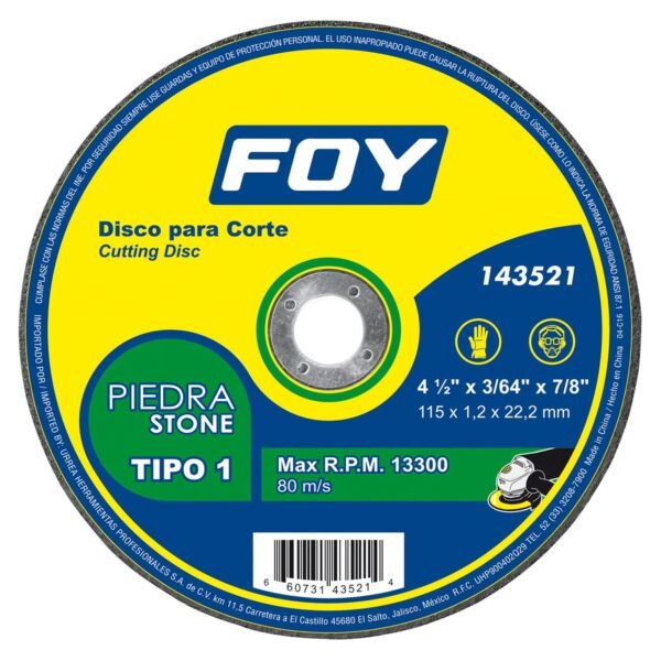 68800231 Disco abrasivo tipo 1 para piedra 4-1/2" x 1.2 mm Foy