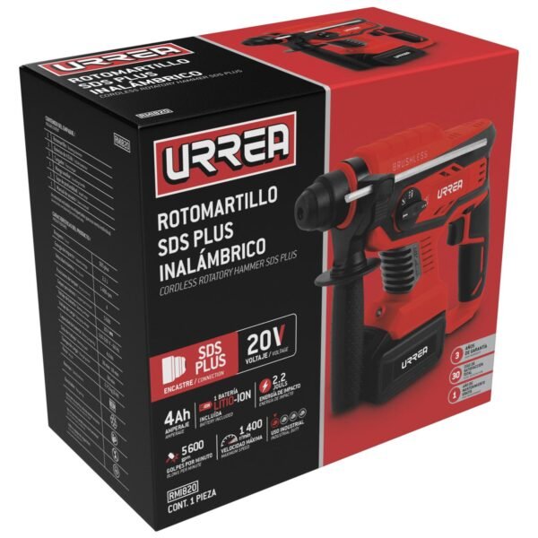 Rotomartillo SDS plus 4Ah a bateria Litio-ion 20 V, 1400 RPM Urrea