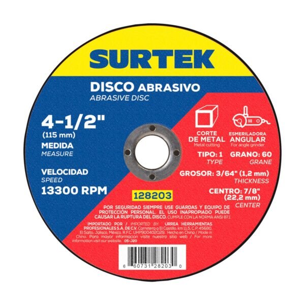 68800467 Disco abrasivo tipo 1 para metal 4-1/2" x 1.2 mm Surtek