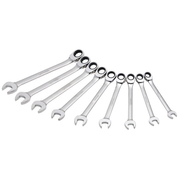 Juego de llaves combinadas pulido espejo de matraca spline rev en pulg,9 pz en caja plast Urrea