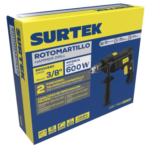 Rotomartillo 3/8" 600 W 127 V, 0 - 2,900 RPM con boton de traba para trabajos continuos Surtek