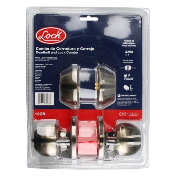 Combo de pomo tubulares de bola funcion doble, laton antiguo, llave estandar, blister Lock