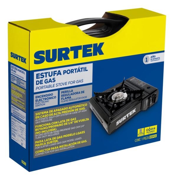 Estufa portatil de gas, con encendido electronico para lata valvula 1/4 de vuelta Surtek