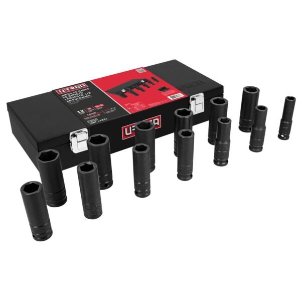 Juego de dados largos de impacto cuadro de 1/2", 6 puntas, metricos, 13 piezas Urrea