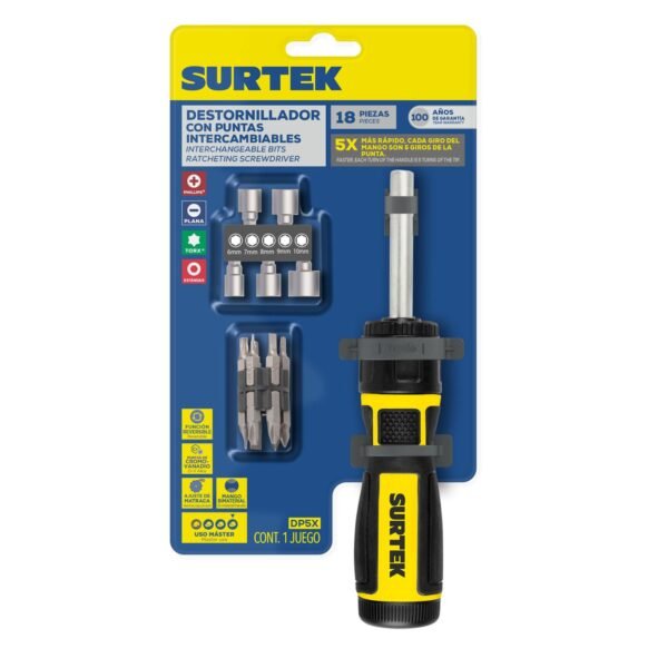 68812958 Destornillador con mango bimaterial de matraca reversible 5X con puntas intercambiables 18 en 1 Surt