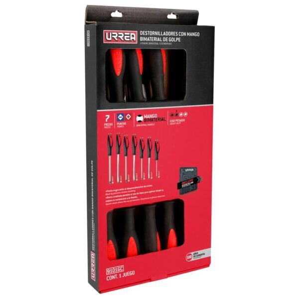 68811129 Juego de destornilladores con mango bimaterial de golpe, combinados, 7 piezas en estuche Urrea
